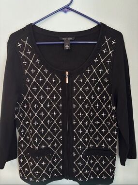 White House Black Market Black Embellished Zip Cardigan